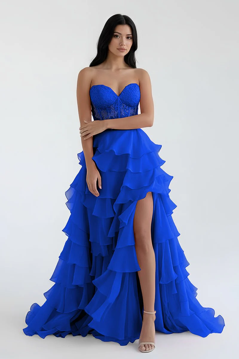 Royal Blue Chiffon Sweetheart Ruffle Tiered Long Prom Dress