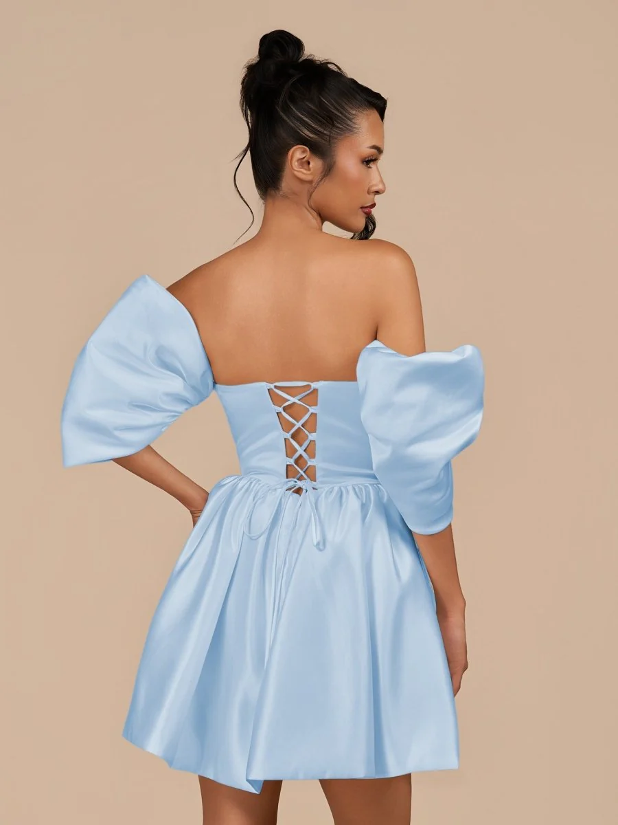 Sky Blue - A Line Satin Strapless Puffed Sleeves Short Homecoming Dresses