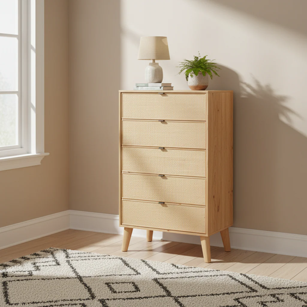 Natural Rattan Cane 5-Drawer Chest with Solid Wood Legs – Mid-Century Modern Style, Bedroom Use