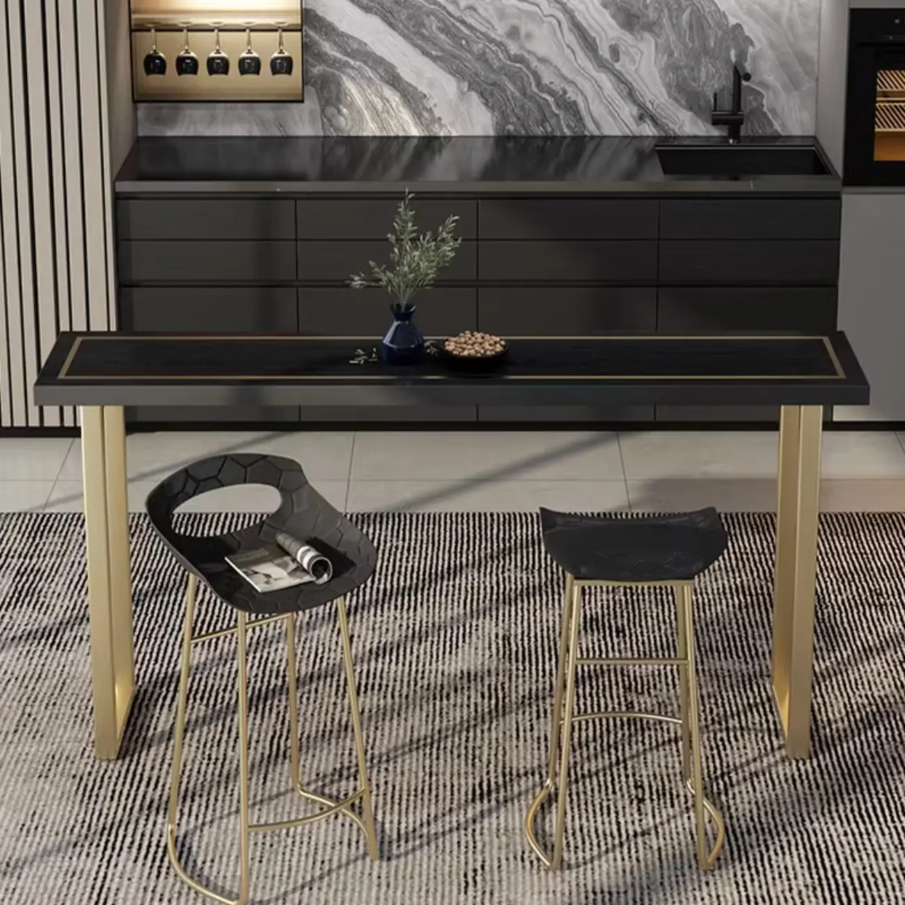 Glam Black Pine Wood Gold Iron Sled Bar Tables