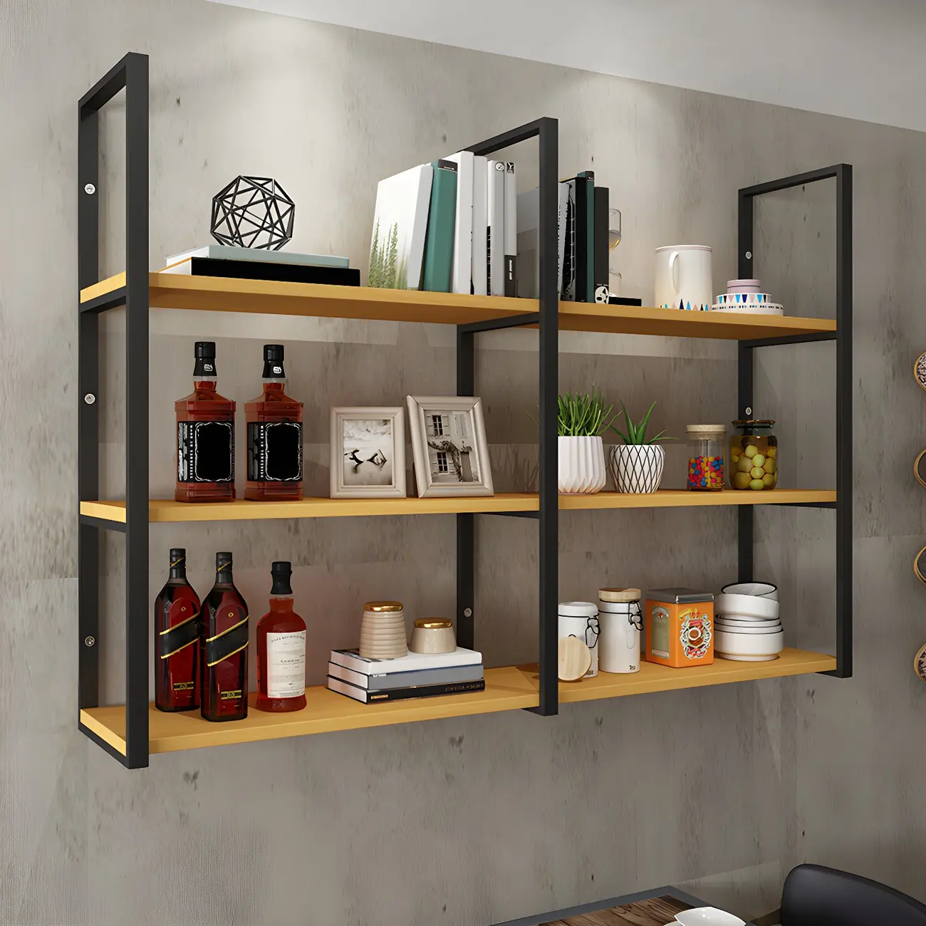 Industrial Wall-Mounted 3-Tier Wood Display Shelf