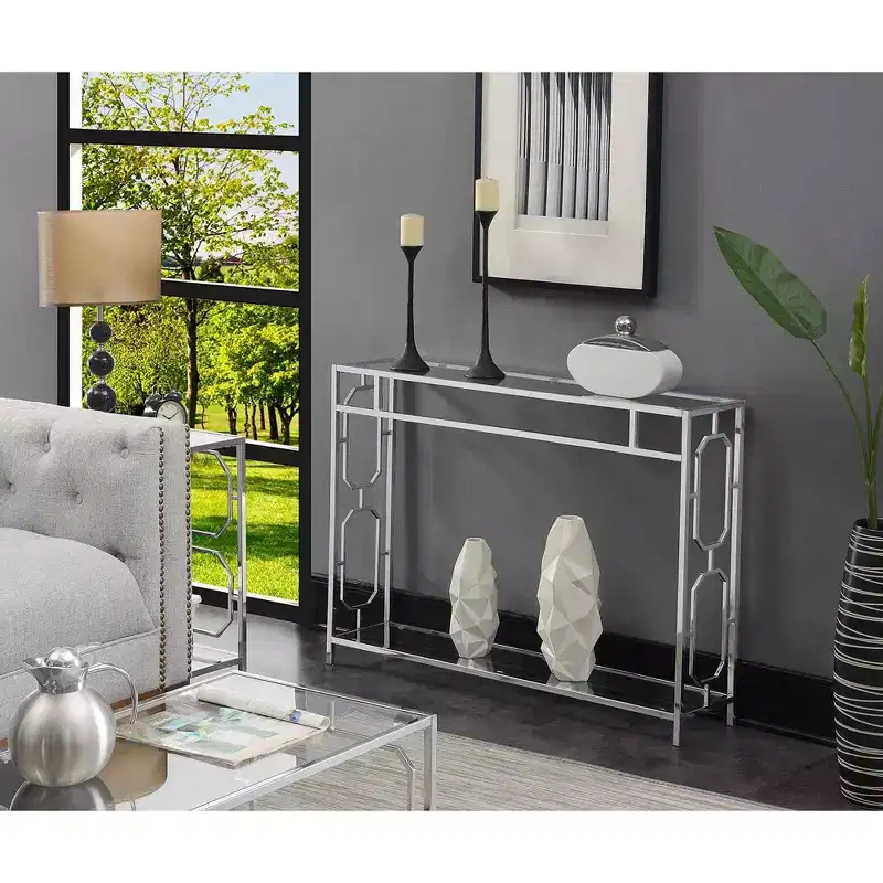 Omega Chrome Console Table Chrome - Breighton Home: Mid-Century Modern, Tempered Glass, Metal Frame, Rectangular Shape