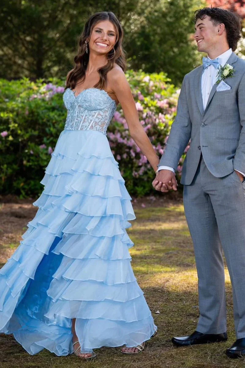 Royal Blue Chiffon Sweetheart Ruffle Tiered Long Prom Dress