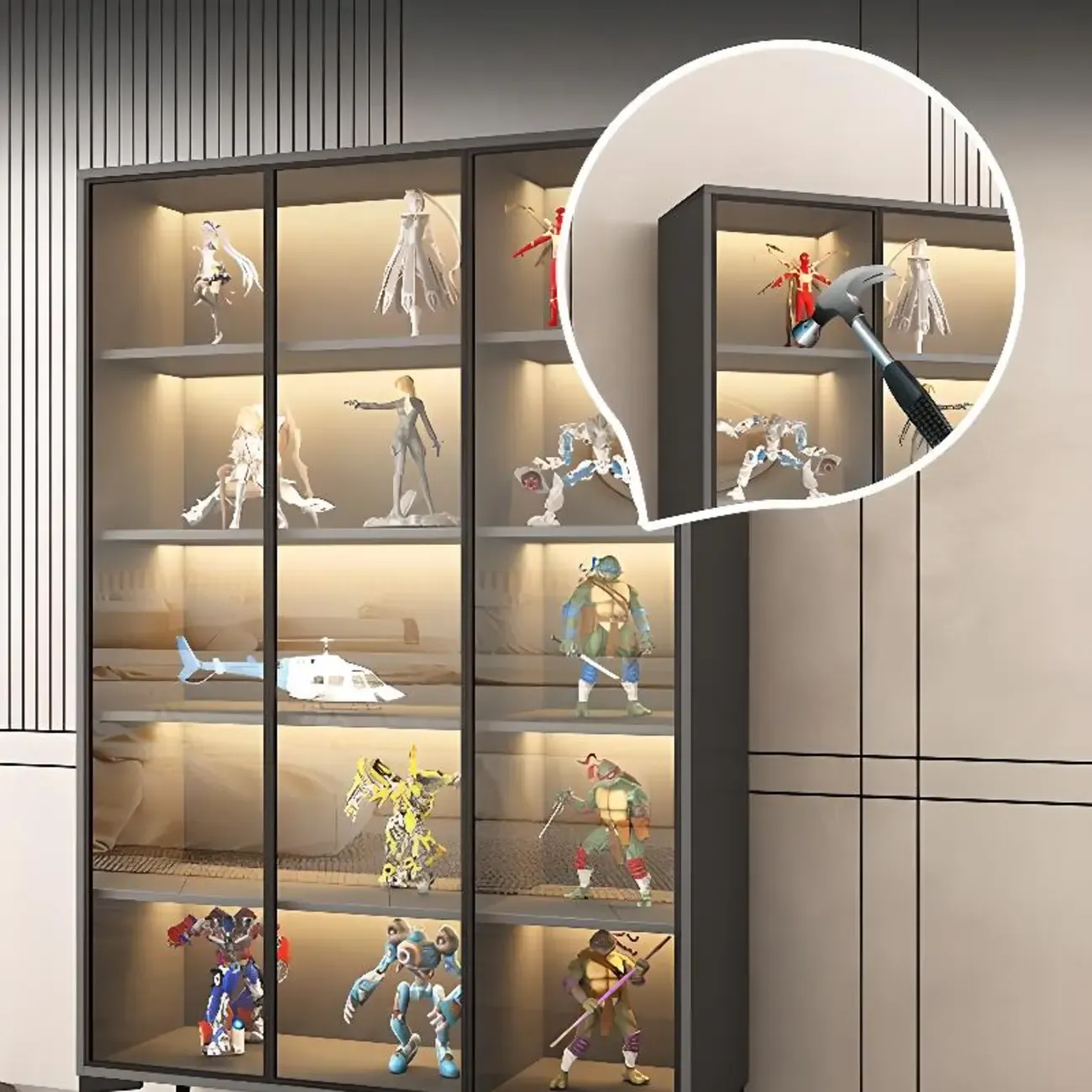 Freestanding Black Tempered Glass Wood Display Cabinet