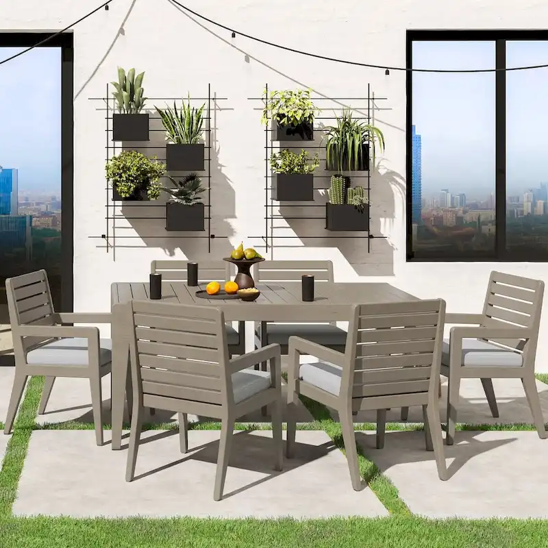 Homestyles 7-Piece Sustain Gray Wood Outdoor Dining Table and Six Armchairs Set