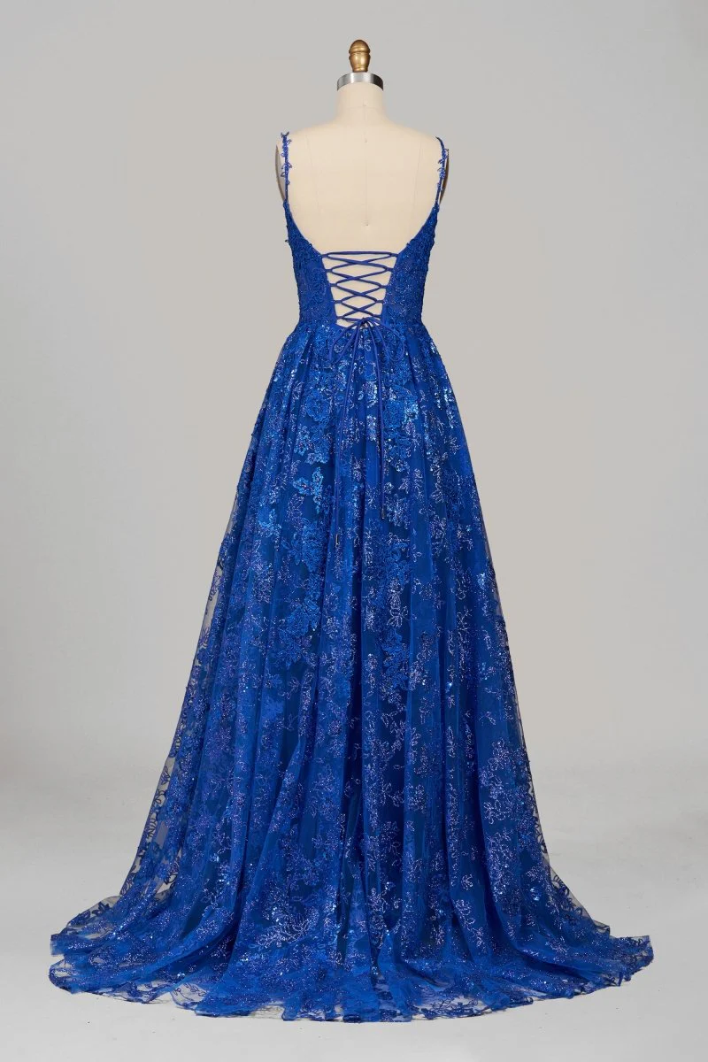 Royal Blue - A-Line Sequined Lace V Neck Long Prom Dresses