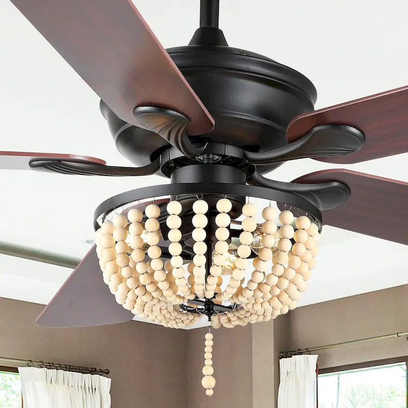 Quinn 52  3-Light Rustic Farmhouse Iron/Wood Bead Mobile-App/Remote-Controlled LED Ceiling Fan, by JONATHAN Y