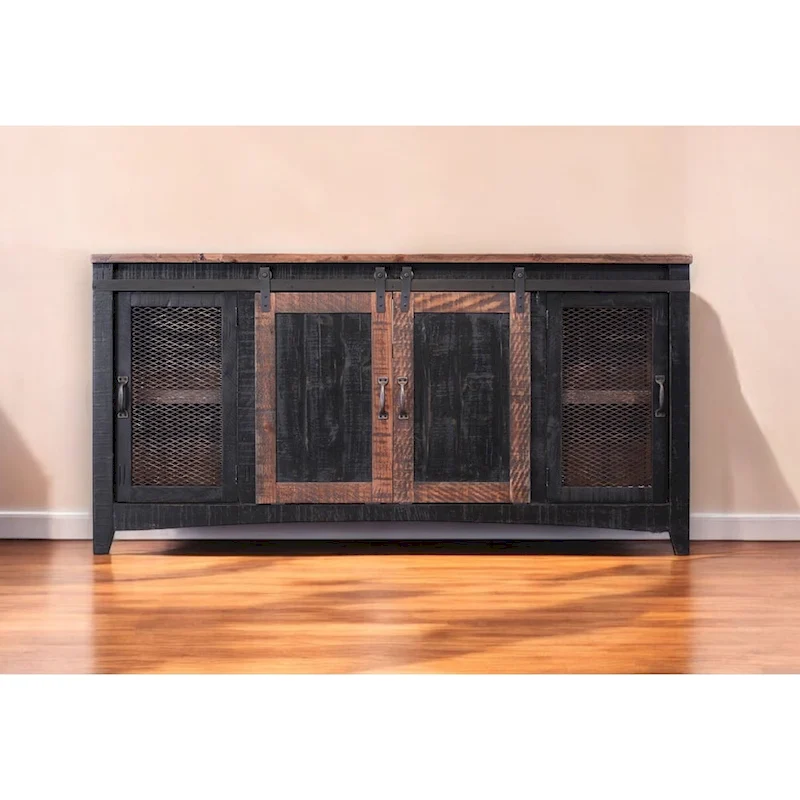 68 Black Solid Wood Cabinet Enclosed Storage Distressed TV Stand