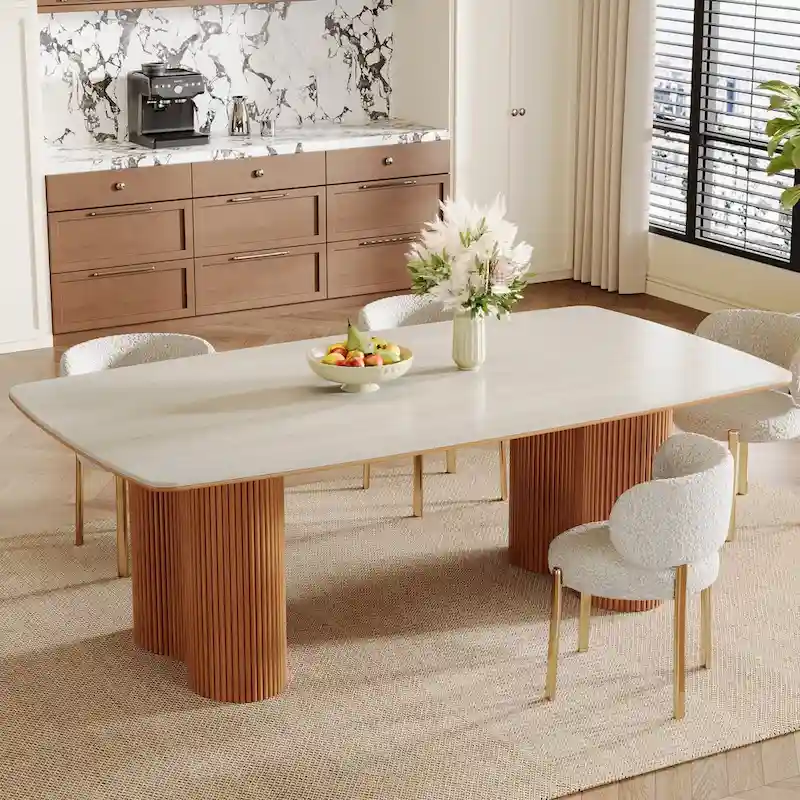 78.7Rectangle Dining Table, Luxury Sintered Stone Kitchen Table with Solid Wood Legs