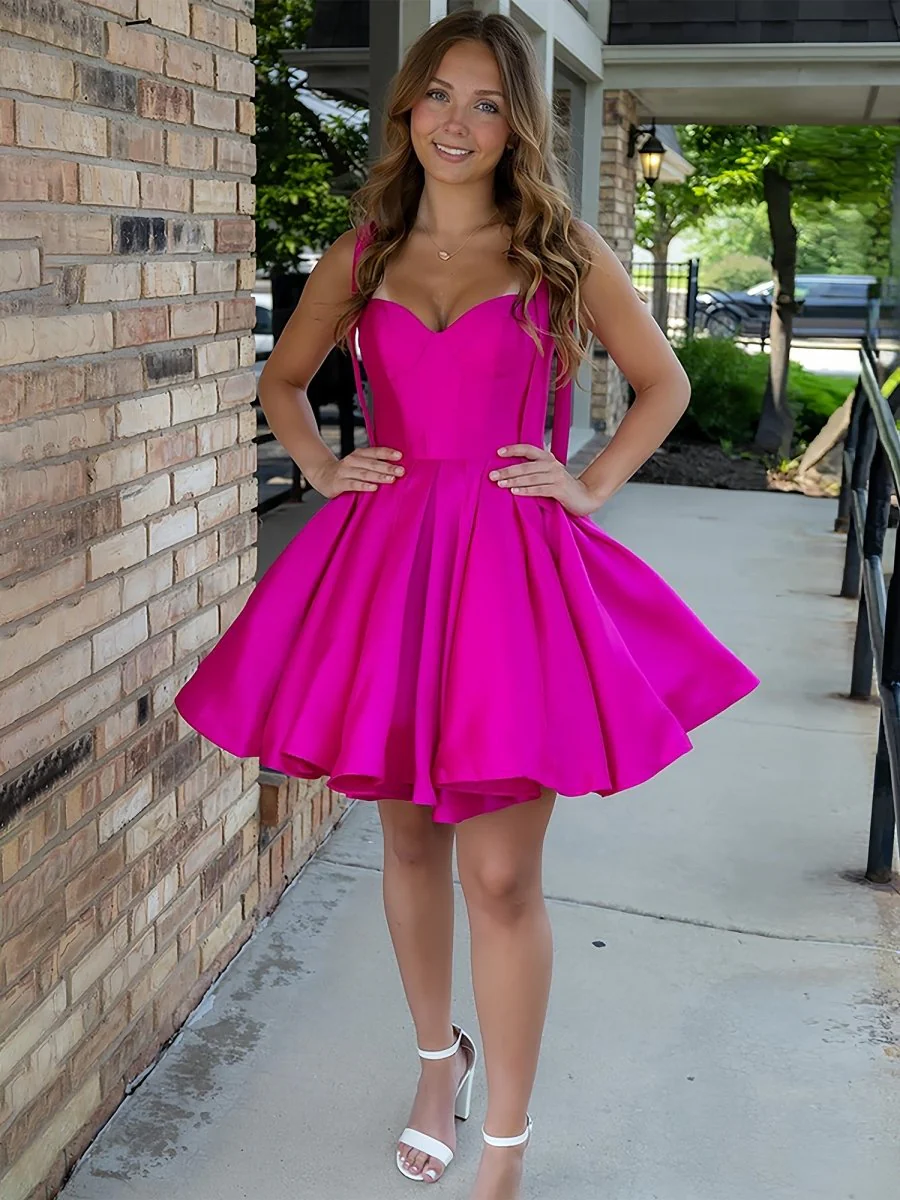 Fuchsia - Spaghetti Straps Satin Pleated A Line Homecoming Dresses With Bow