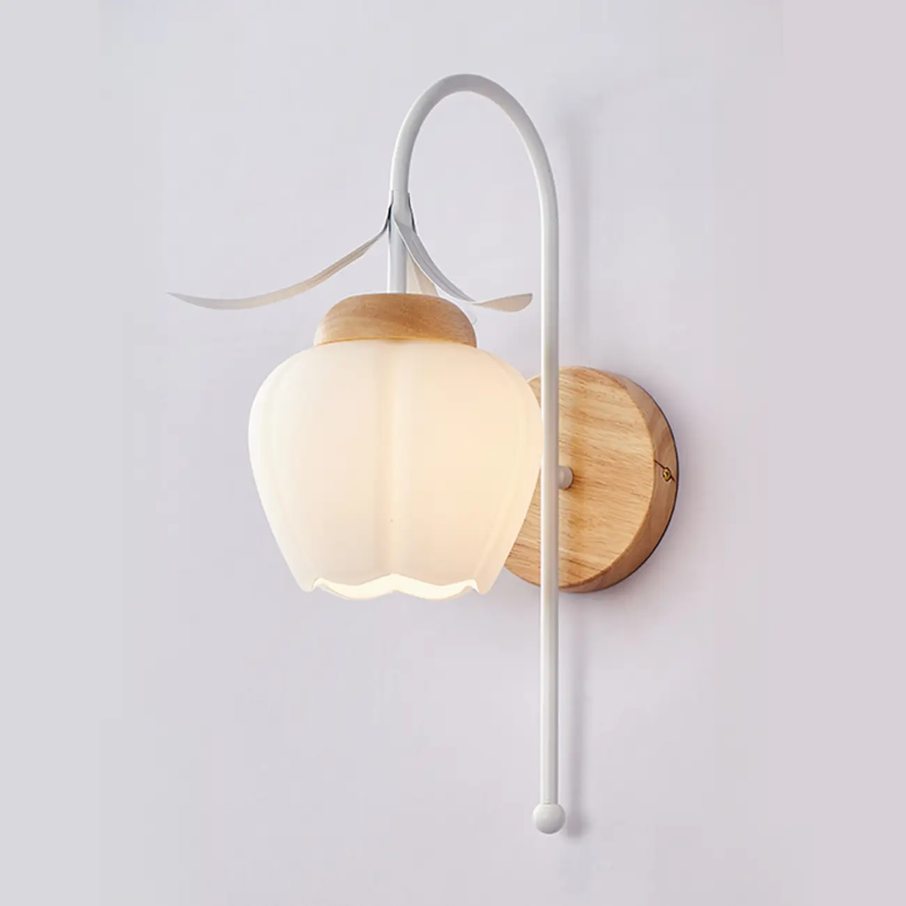 Elegant Floral Wall Sconce with Wooden Backplate for Bedside