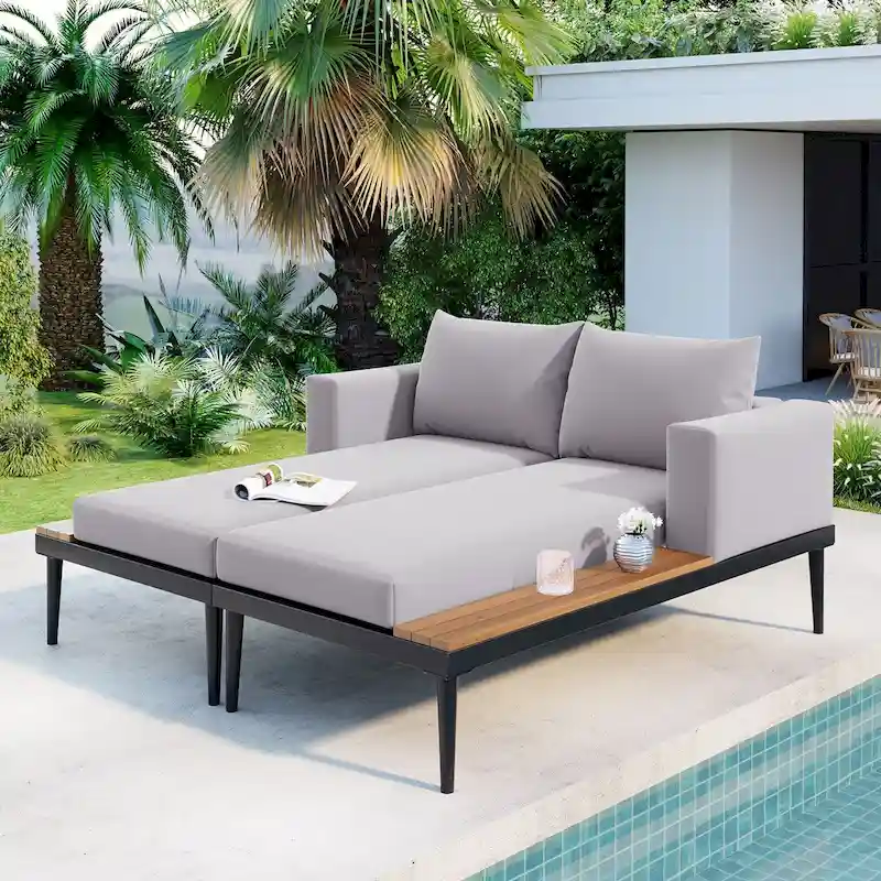 Modern Outdoor Daybed Patio Daybed with Wood Topped Side Spaces, 2 in 1 Padded Lounges for Poolside, Balcony