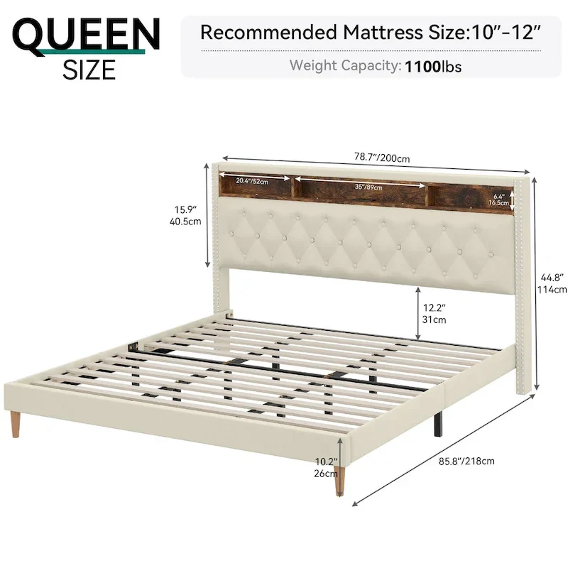 Moasis King Upholstered Headboard Bed Frame with LED