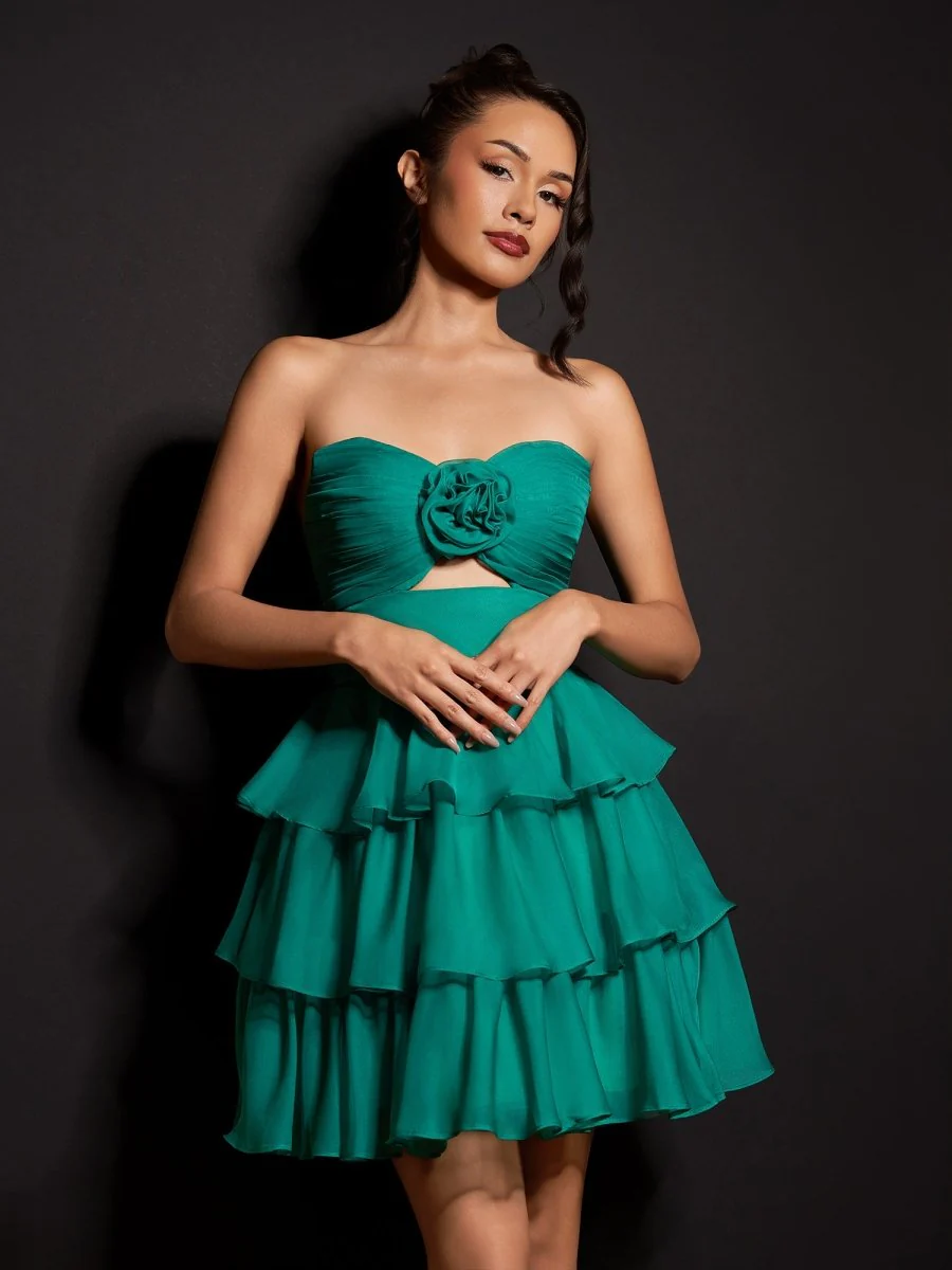 Green - Strapless A Line Chiffon Ruffles Homecoming Dresses With Flower