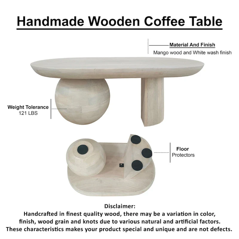 38 Inch Coffee Table, Oblong Mango Wood Top with a Modern Ball Leg