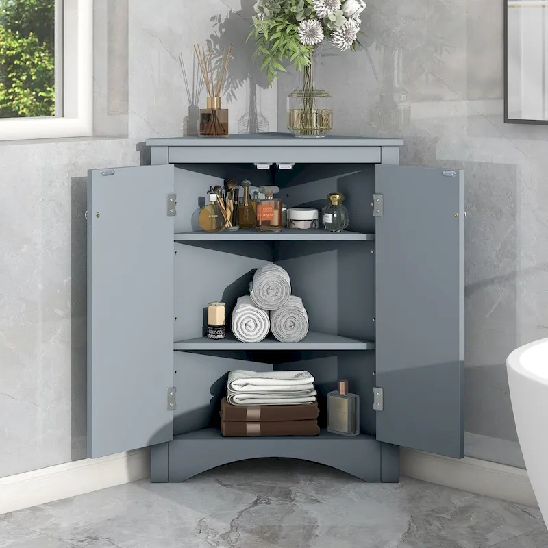 Blue / Oak / White / Black Triangle Corner Cabinet with Adjustable Shelves, Freestanding, 2-Shelf
