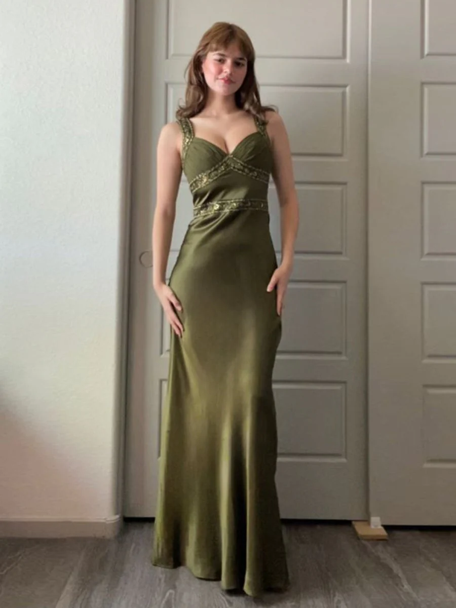 Olive Green Sheath Satin Beaded Long Prom Dresses