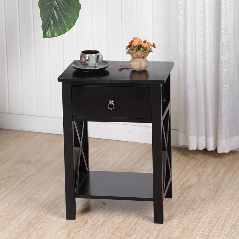 MDF Bedside Table with 2 Drawers – Brown / White / Black, Modern Style, Single