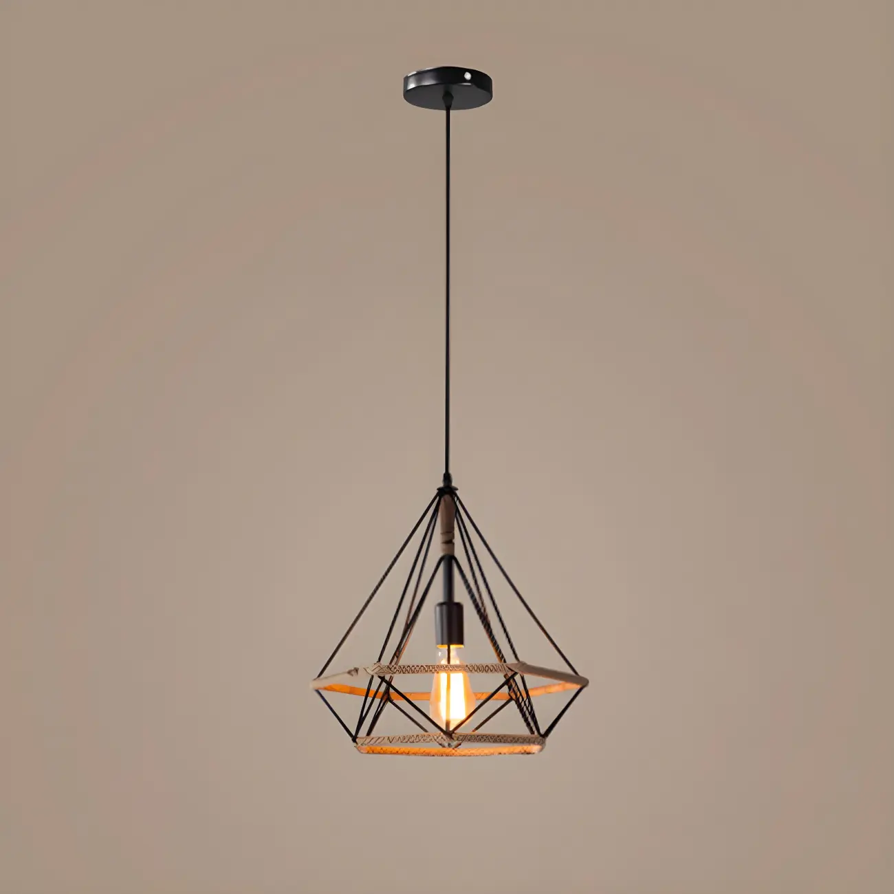 Industrial Rattan Black Metal Hemp Rope Pendant Light