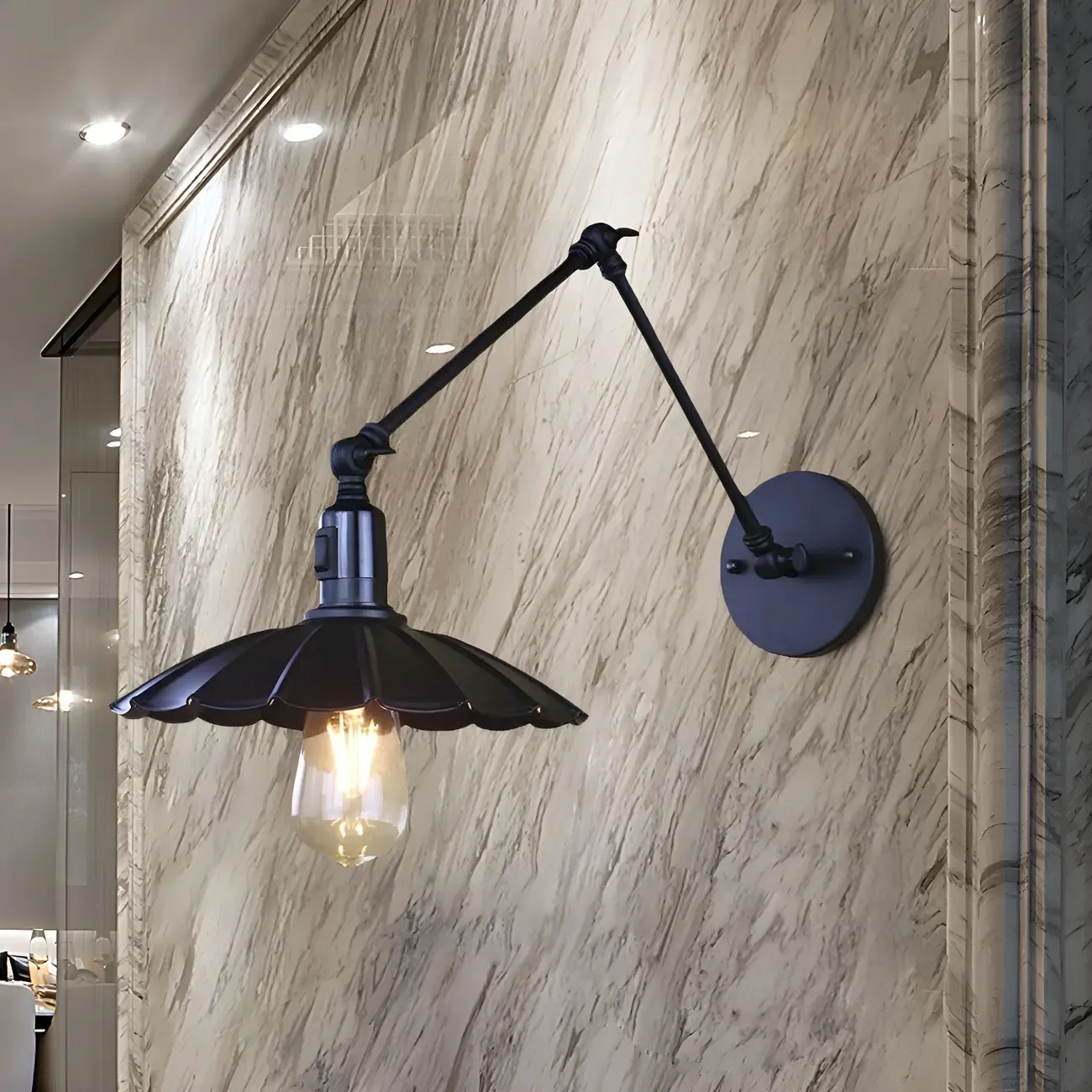 Metal Black Swing Arm Wall Light with Scalloped Shade