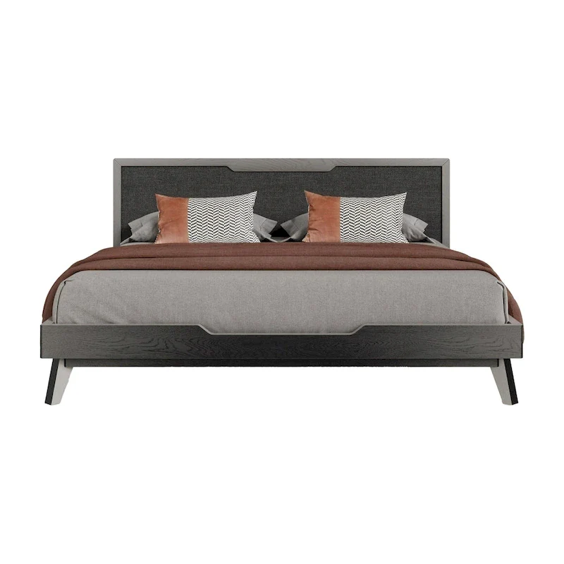 King Size Platform Bed with Upholstered Headboard and Wood Frame