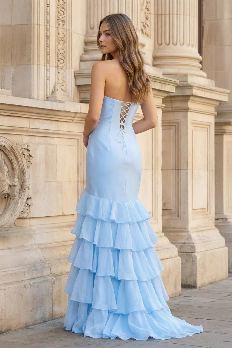 Sky Blue Mermaid Strapless Prom Dresses With Split