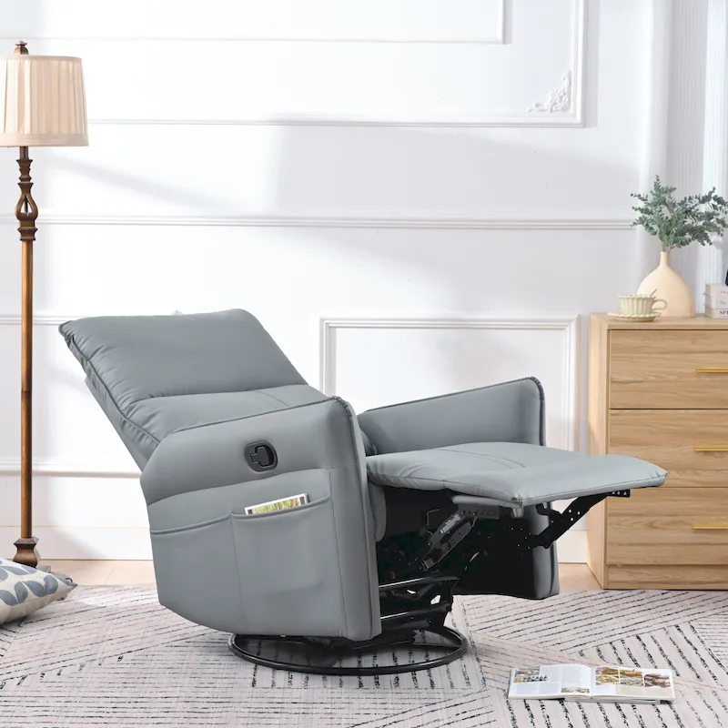 Blue-Gray PU Leather 360° Swivel Glider Rocker Recliner with Side Pockets