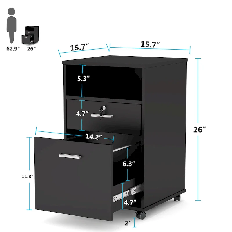Mobile File Cabinet with 2 Drawer and Lock, Printer Stand with Rolling Wheels