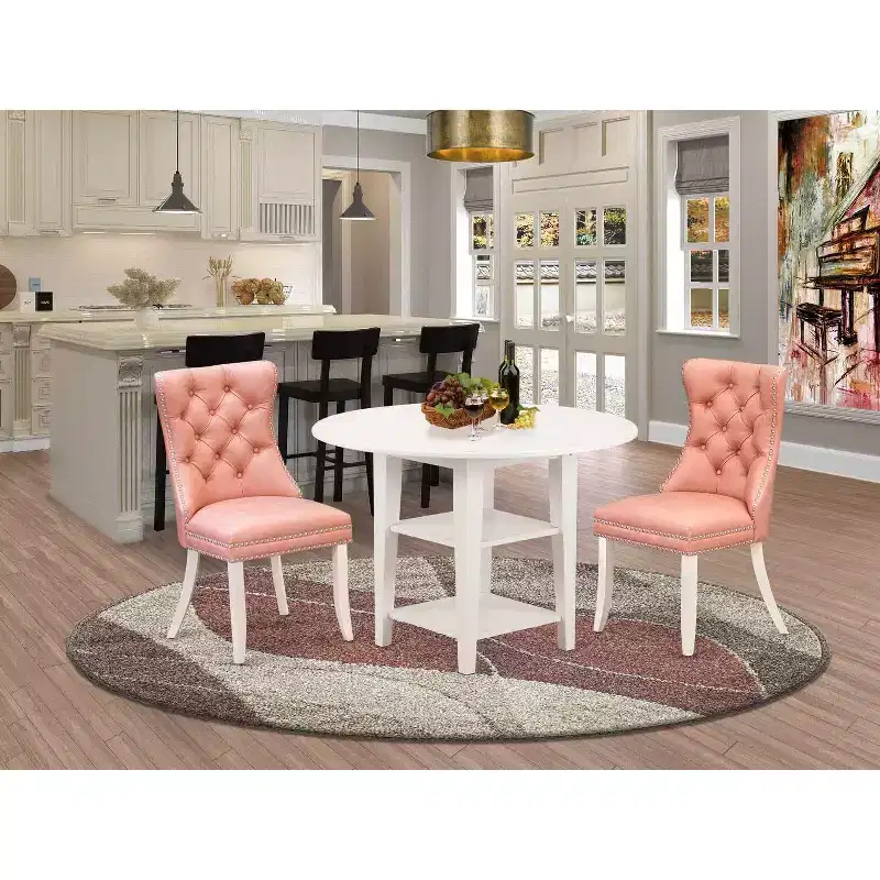 HomeStock 3-Pc Linen White Finish Round Solid Wood Top with Dropleaf Dining Table Set