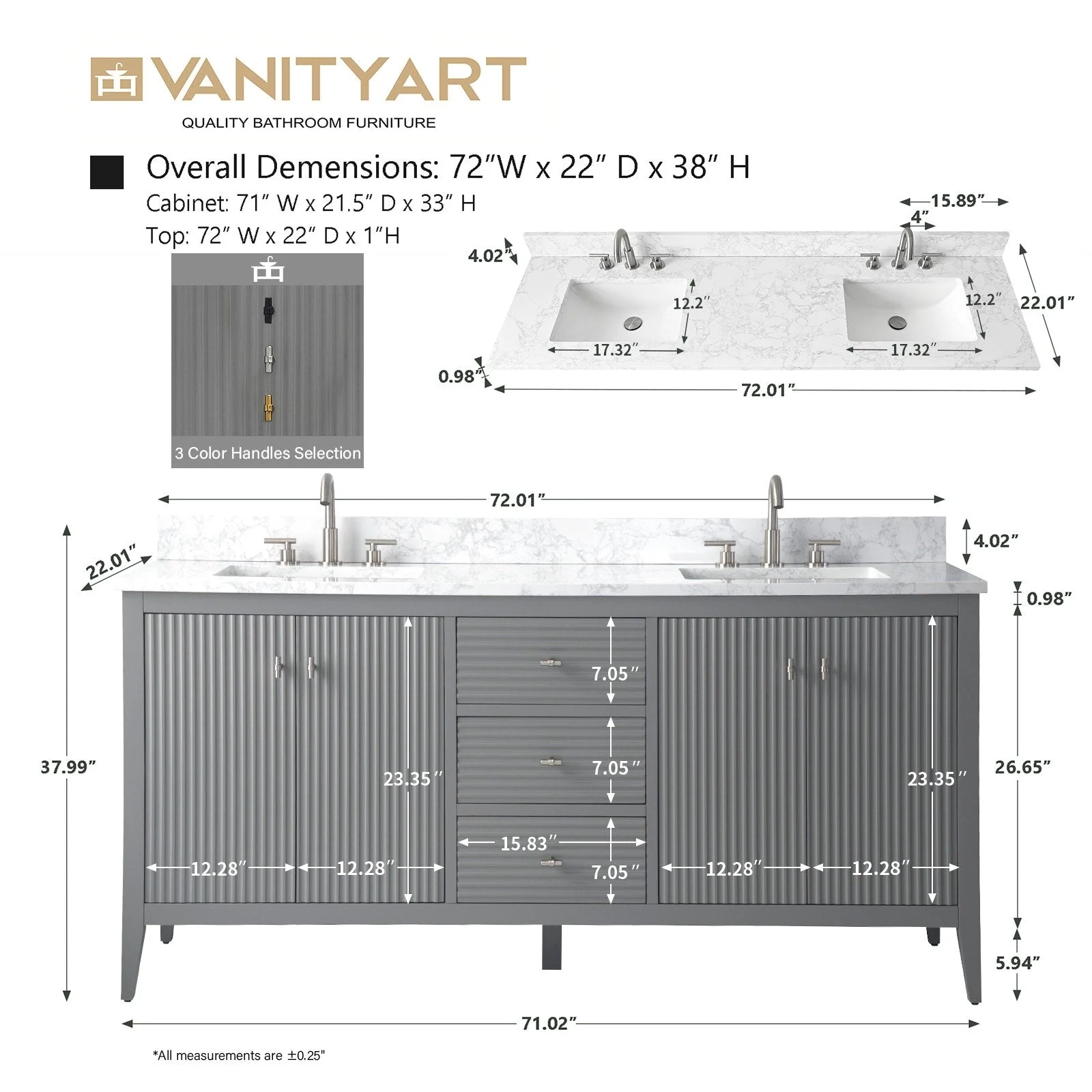 Vanity Art 72 Double Sink Bathroom Vanity Cabinet with Engineered Marble Top
