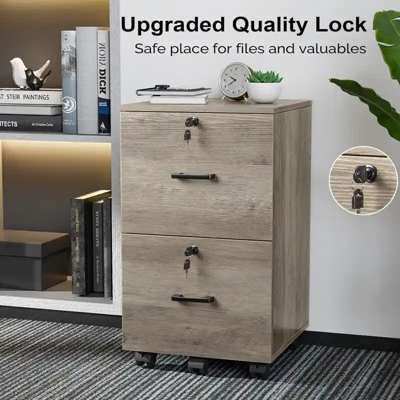 2-Drawer Rolling Wood File Cabinet with Lock