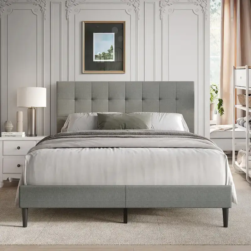 Beige / Light Grey / Black Linen Upholstered Platform Bed with Square Stitching Headboard – Twin / Full / Queen / King