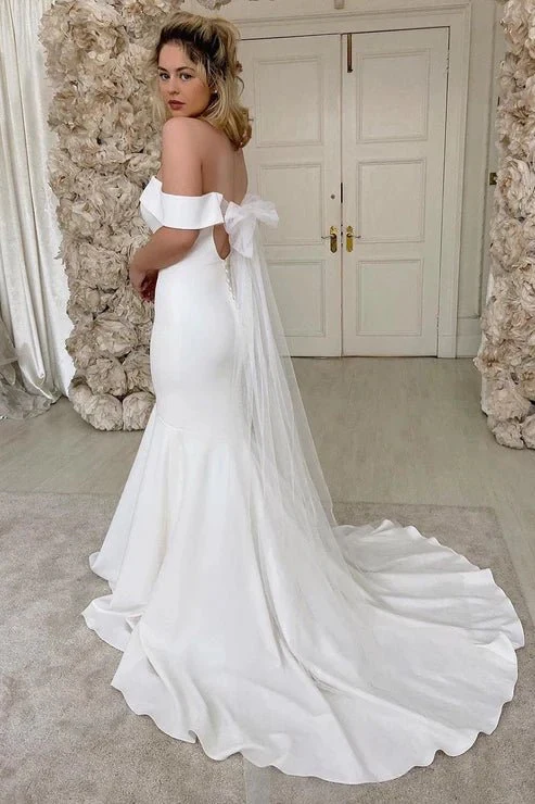 Off the Shoulder Ivory Satin Mermaid Wedding Dress