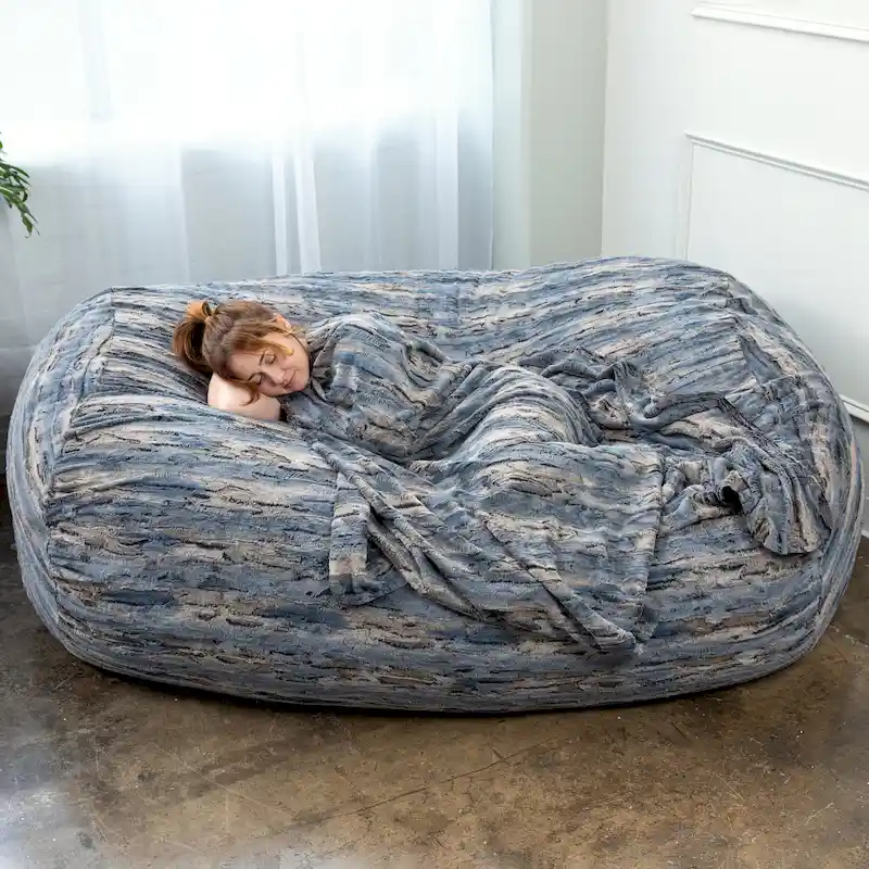 Indigo / Red / Silver / Mountain Fox Faux Fur 7-Foot Bean Bag Sofa with Shredded Foam Fill – 1 to 2-Seater
