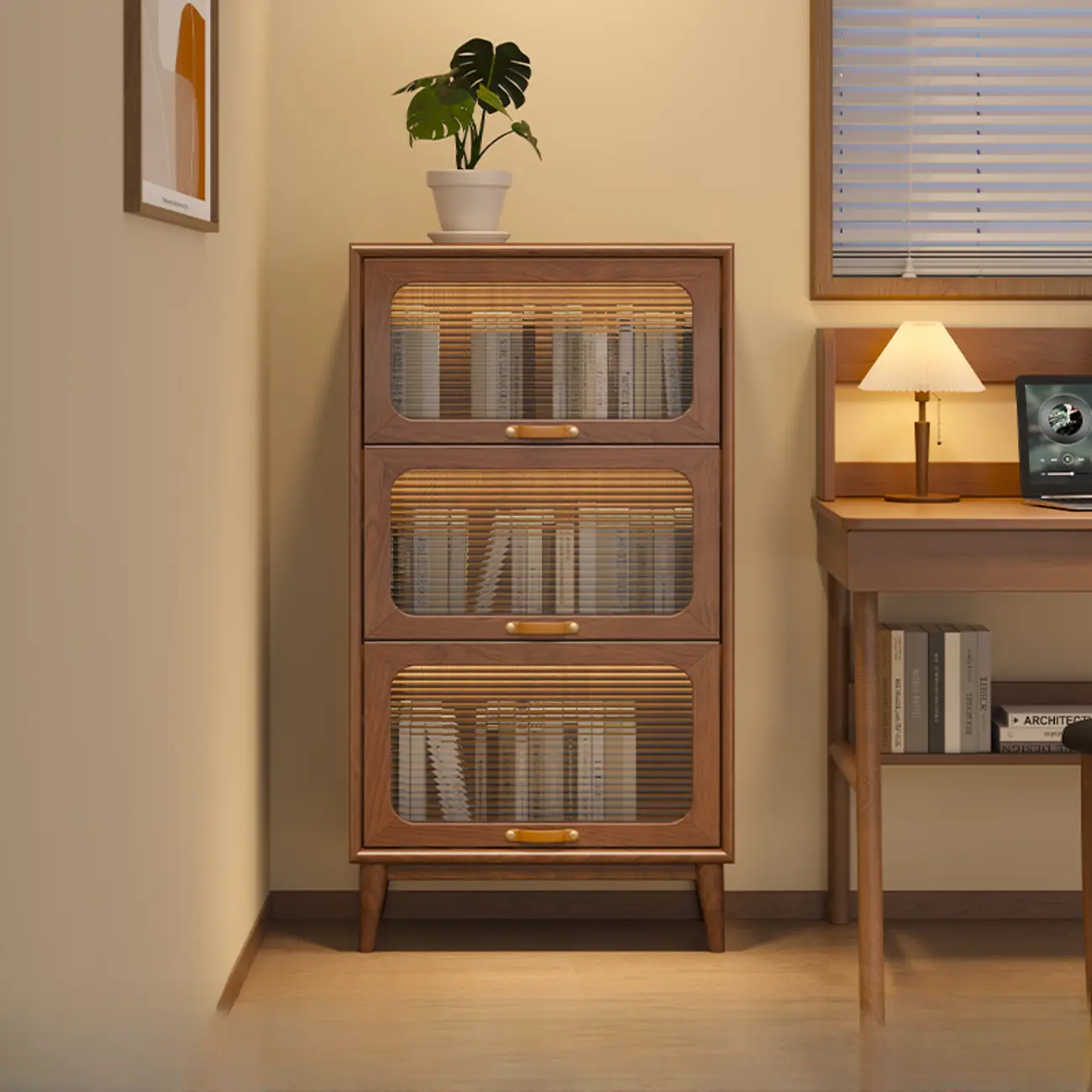 Solid Wood Nut-Brown 5-Tier Glass Door Bookcase with Cabinet