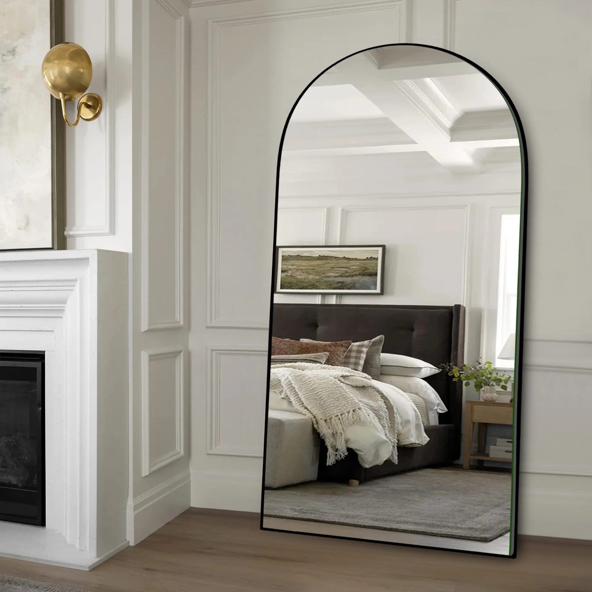 Modern Arched Full-Length Wood Floor Standing Mirror