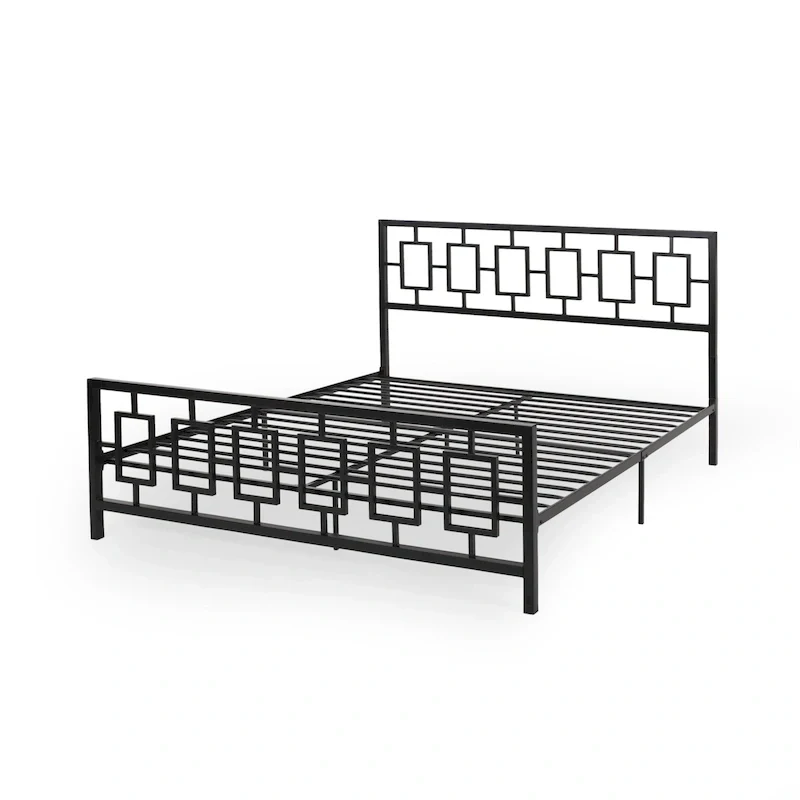 King-Size Iron Platform Bed Frame – Geometric Headboard, No Box Spring Needed