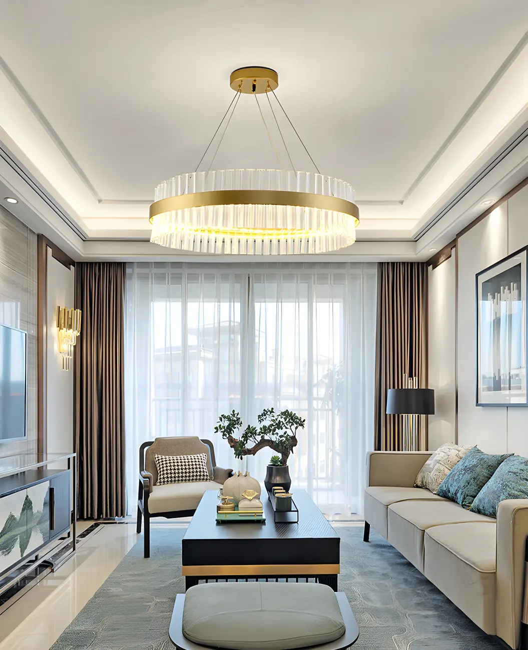 Modern Brass Round Crystal Island Chandelier