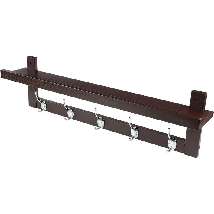Coat Hooks with Shelf Wall-Mounted, Bamboo Hanging Shelf with 5 Double Metal Hooks