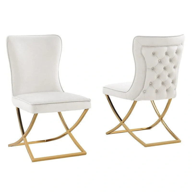 Velvet Tufted Side Dining Chairs Set of 2 – Gold/Silver Metal Legs, Beige/Grey Upholstery