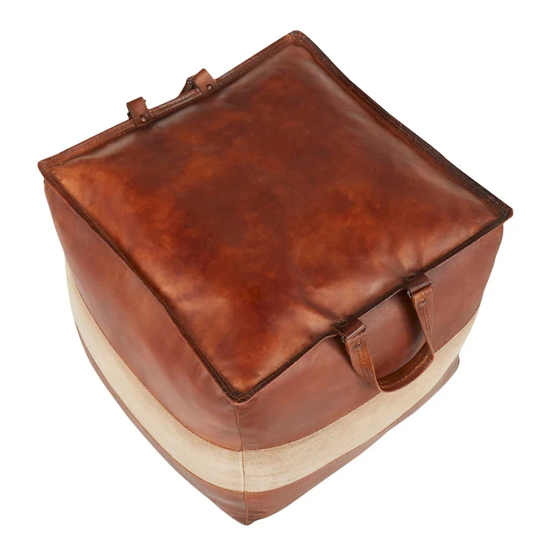 Industrial Pouf Ottoman in Leather and Canvas