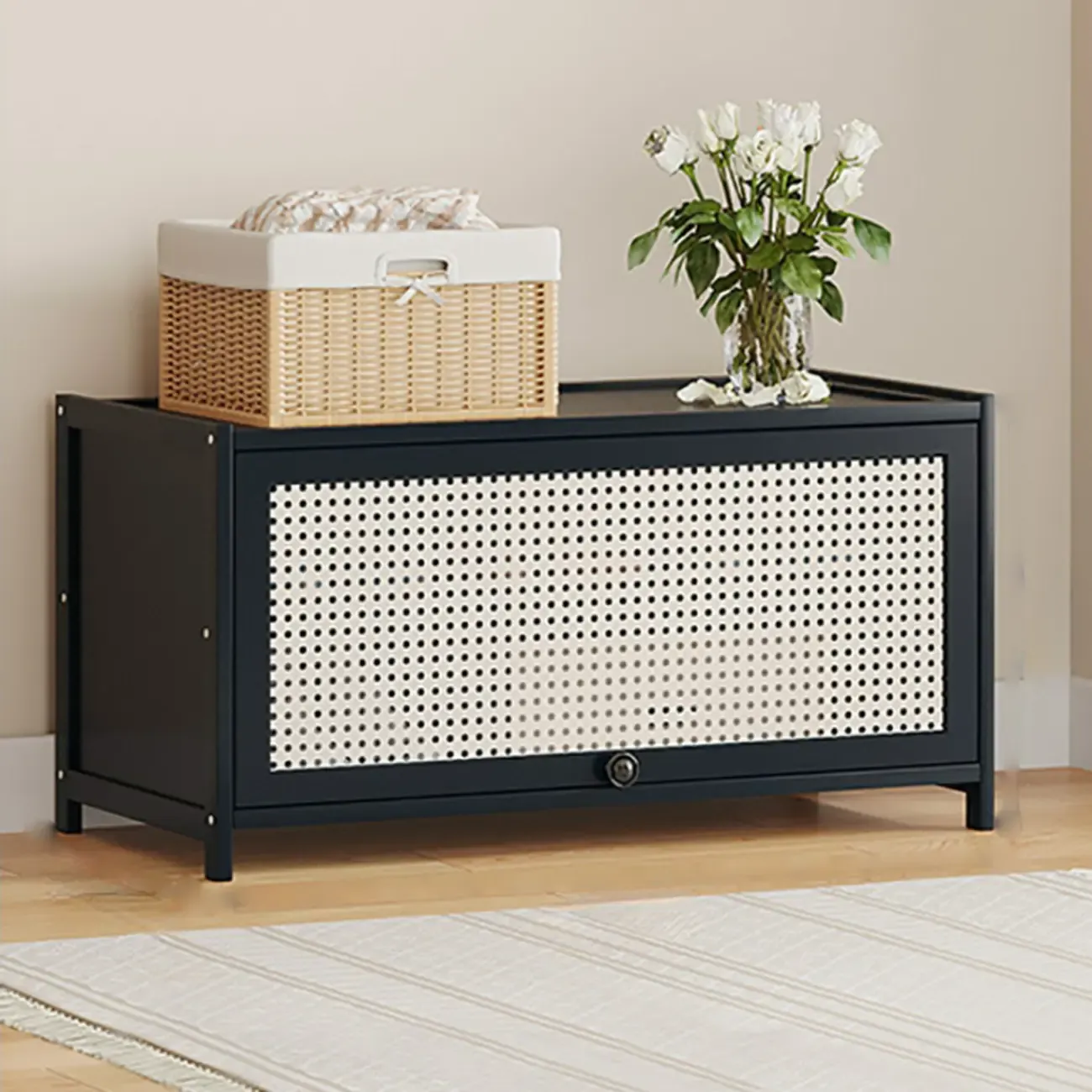 Modern Black Bamboo Shoe Cabinet with Rattan Panels