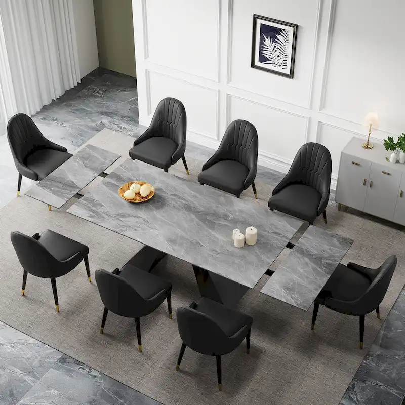 9 - Piece 110.24 Extendable Sintered Stone Dining Table and 8 Leather Chairs Dining Set