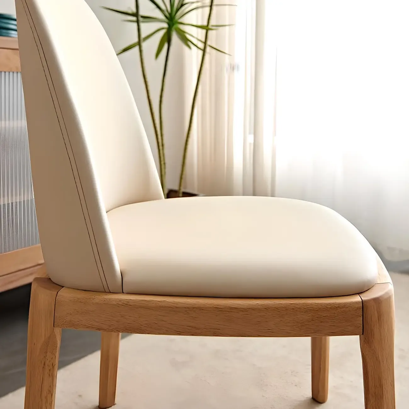 Cream Wood Faux Leather Solid Back Dining Chair
