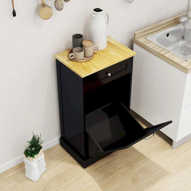 White Tilt-Out Trash Cabinet with Drawer - Single Compartment for Kitchen