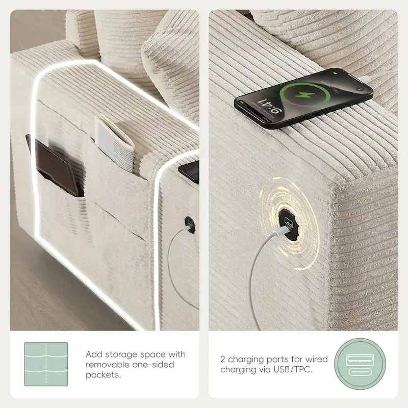 U Shaped Chenille Sofa w/Ottoman,Console,Cup Holder,Wide Seat,USB