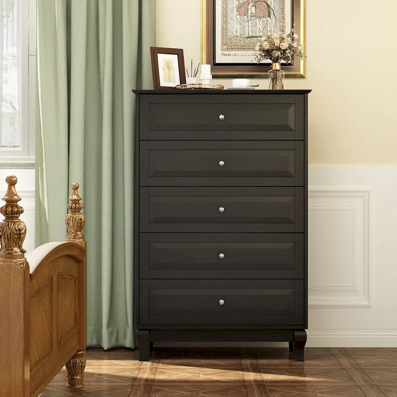 Black 5-Drawer Dresser with Wood Legs