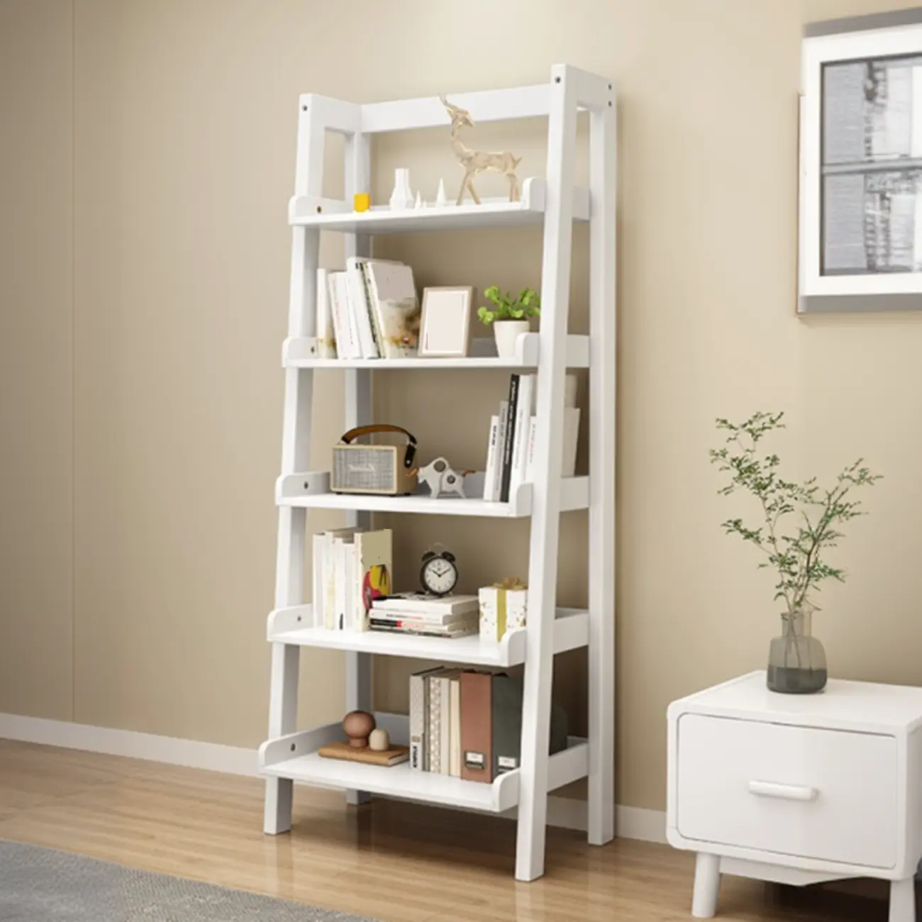 Scandinavian Rectangle Wood 5-Tier Ladder Bookcase