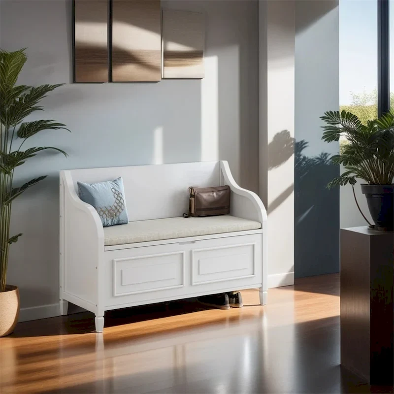 Solid wood Entryway Multifunctional Storage Bench with Safety Hinge