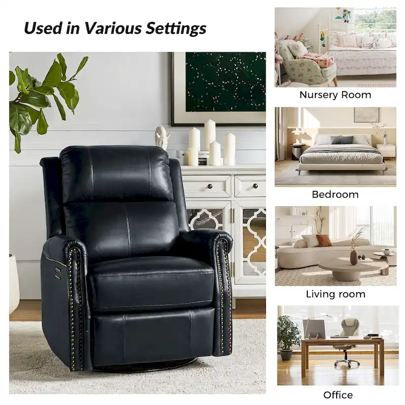 Renato Traditional Genuine Leather Nailhead Power Swivel Recliner Chair with Metal Base Set of 2 by HULALA HOME